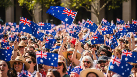 Diverse Australians cheer, waving flags in a vibrant outdoor celebration.の素材