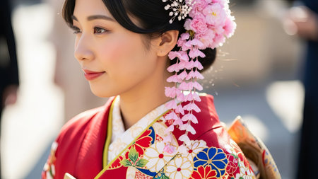Bride in red kimono with pink blossoms, outdoor ceremonyの素材