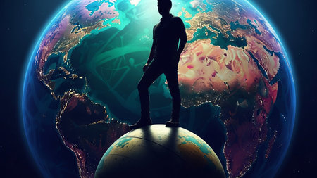 Man on globe with Earth, outer space, global viewの素材