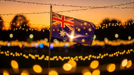 Australian flag waving at sunset, bokeh lights, patrioticの素材