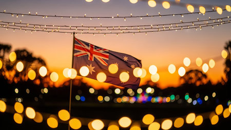 Australian flag at sunset with bokeh lightsの素材