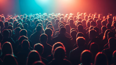 Diverse crowd at concert, illuminated by blue and red stage lights.の素材