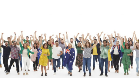 Diverse people celebrating with Australian flags in studioの素材