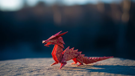 Red patterned origami dragon on textured ground, outdoors.の素材