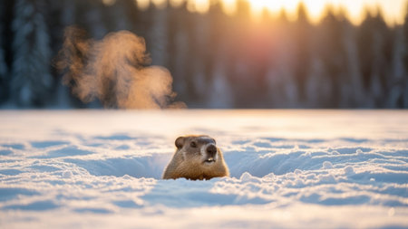Groundhog in snow, sunrise, warm breath, forestの素材