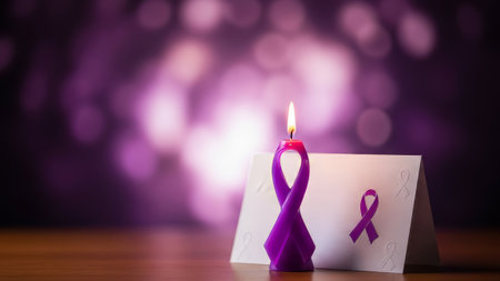 Purple ribbon candle & card with bokeh, awareness support, memoryの素材