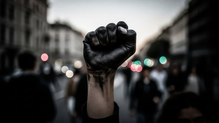 Black fist raised in protest, blurred city street background.の素材