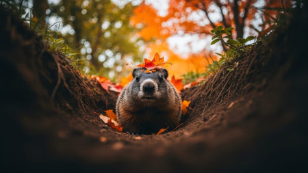 Groundhog in fall leaves emerges from burrow in autumn woods.の素材