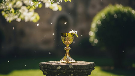 Ornate golden chalice with blossoms, stone pedestal, garden courtyardの素材
