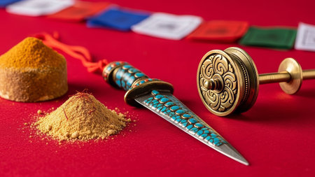 Tibetan dagger, spices, prayer flags, red background, ritual objects.の素材