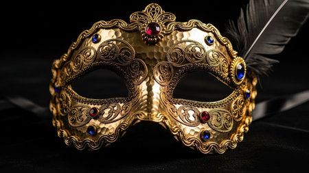 Ornate gold mask with gems and feather, dark fabric settingの素材