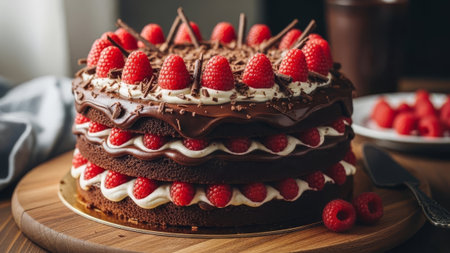 Chocolate raspberry cake with whipped cream frosting, ganache.の素材