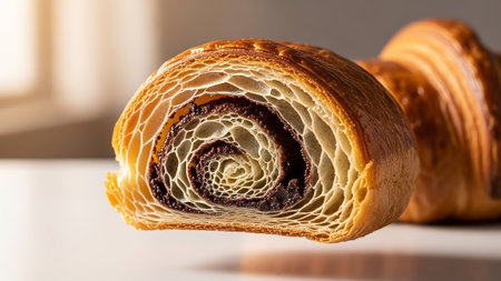 Chocolate croissant close-up, flaky layers, spiral filling, soft lightの素材