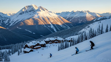 Skiers on snowy slope near mountain lodge, winter resortの素材