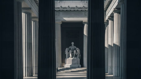Lincoln Memorial statue framed by marble columns in Washington D. C.の素材