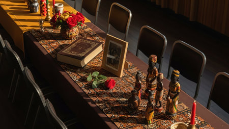 Kwanzaa table setting with book, red rose, and figuresの素材