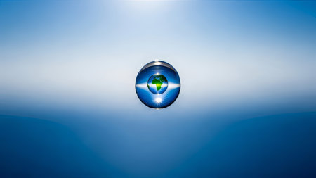 Earth in a water droplet, blue background, macroの素材