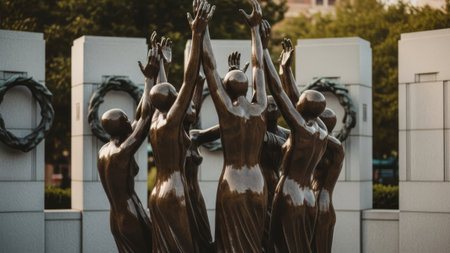 Bronze figures celebrate at WWII Memorial, Washington DC.の素材