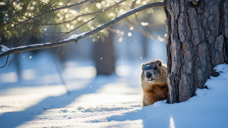 Cute groundhog in snow, peeking from tree, winter forest.の素材