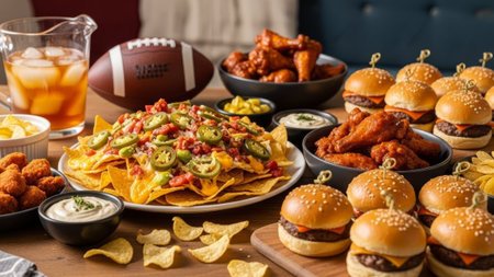 Loaded nachos, wings, mini burgers & iced tea on table with footballの素材