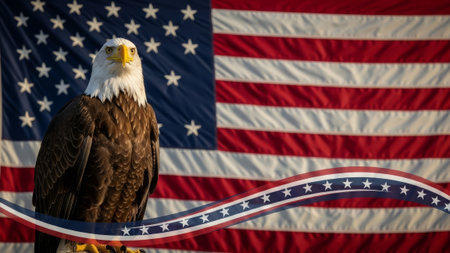 Bald eagle national symbol in front of US flag, patriotic, iconicの素材
