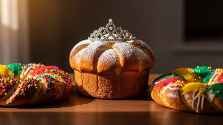 King cakes with crown, sprinkles, Mardi Gras colors.の素材