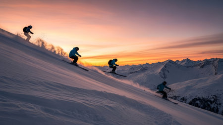 Skiers in bright jackets descend snowy mountain slope at sunset, creating powder.の素材