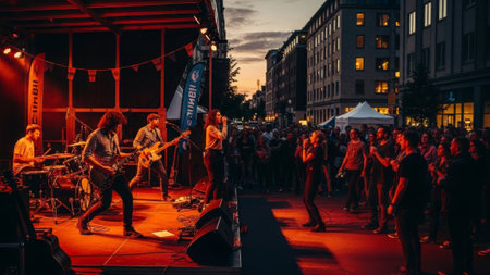 Live band rocks city street festival crowd at dusk.の素材