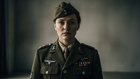 Young woman in military uniform, dark background, solemn.の素材