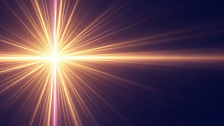 Bright light burst with rays emanating from center, dark background.の素材