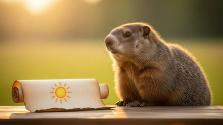 Young groundhog examines sun scroll in golden hour, backyard.の素材