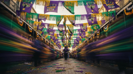 Silhouette person in Mardi Gras street, New Orleans parade, blurred motion.の素材