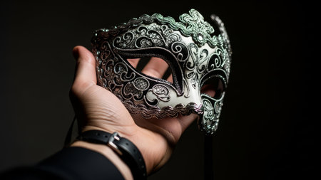 Hand holding elaborate mask in dark studio setting.の素材