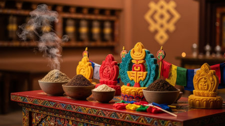 Tibetan ritual elements on altar: incense, prayer flags, mandalasの素材