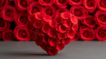 Red rose petals heart on dark slate, blurred red roses background.の素材