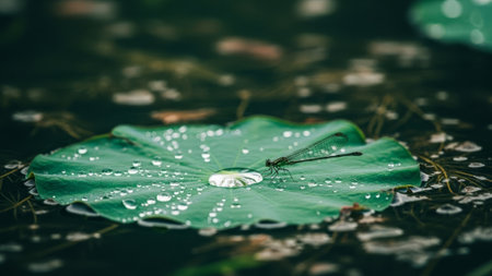 Dragonfly on wet green lotus leaf with water dropsの素材