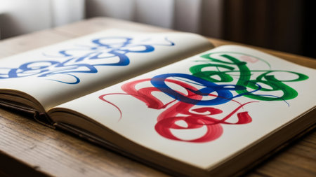 Open sketchbook calligraphy art on wooden tableの素材