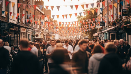 Diverse crowd in casual clothing walking down street festival.の素材