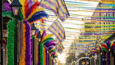 Mardi Gras street decor, beads, feathers, flags, lampposts, New Orleans.の素材