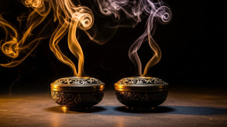 Ornate brass burners emit colorful smoke on dark background.の素材