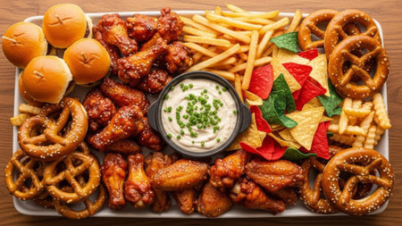 Appetizer platter: sliders, wings, fries, pretzels, chips.の素材