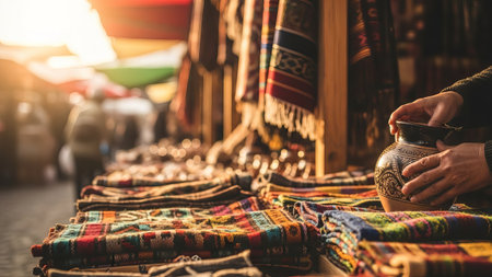 Merchant's hands arranging pottery with colorful textiles at a marketの素材