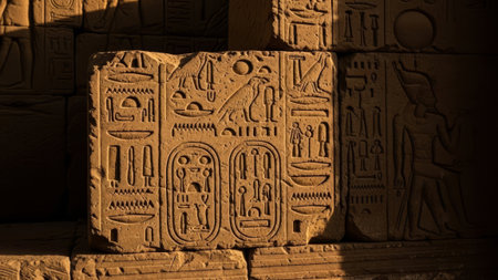 Close-up stone carvings of hieroglyphs and pharaohs, ancient Egyptの素材