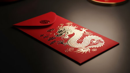 Red envelope with dragon, clouds, on dark background.の素材