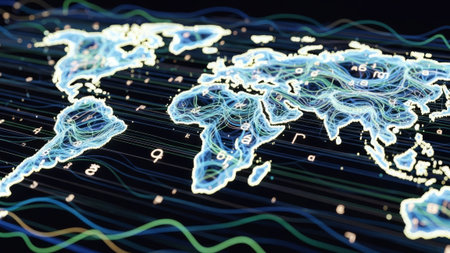Digital world map with glowing blue light, data streams, letters.の素材