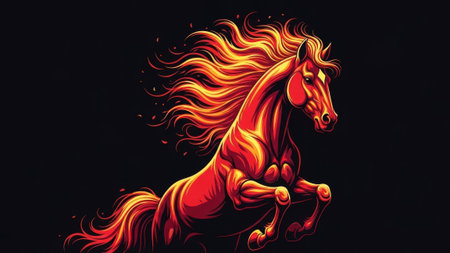 Fiery horse, mid-leap, dark background, stylized, red-goldの素材
