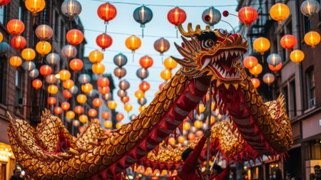 Golden dragon parade with men, lanterns, cityscapeの素材