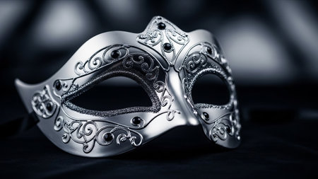 Ornate silver Venetian mask with black jewels on black fabric. Elegant.の素材