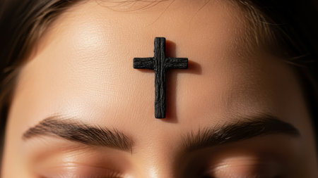 Woman's forehead with black cross symbolの素材
