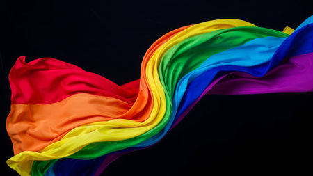 Vibrant rainbow fabric waves, pride colors, black backgroundの素材